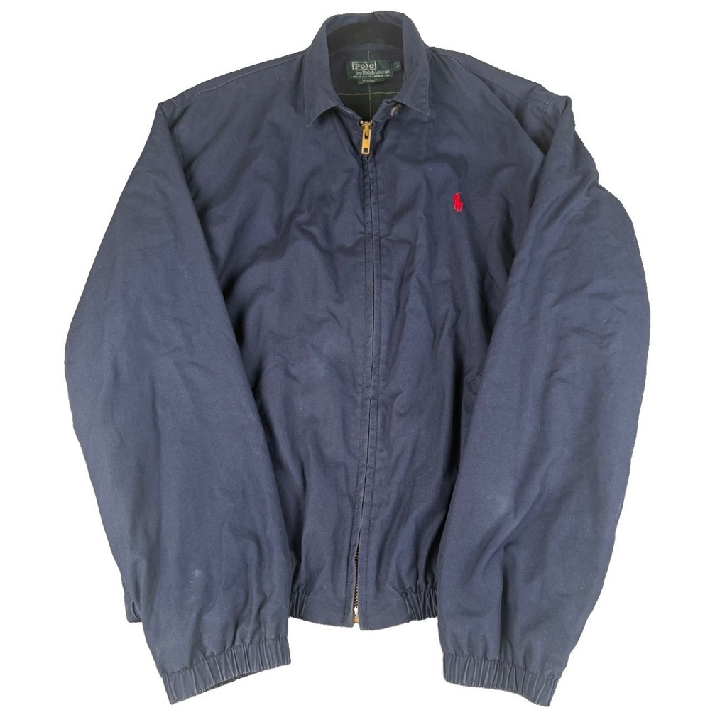 Polo Ralph Lauren Mens Large Harrington Jacket Navy Plaid Lined Cotton Pony